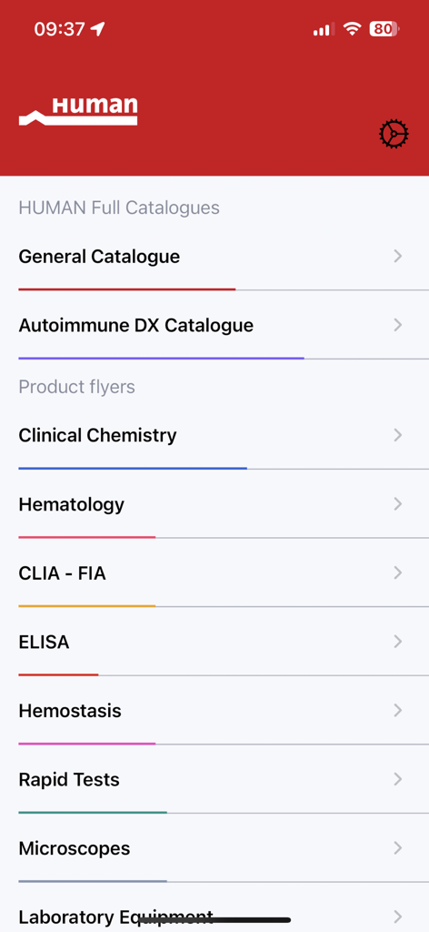 HUMAN.de - Screenshot of the HUMAN.de app showing a list of available medical diagnostic catalogs and product flyers