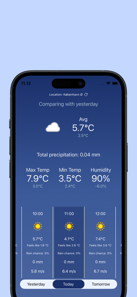 Weather Wear - Interfaz de la aplicación Weather Wear que muestra una comparación del clima de hoy con los datos de ayer, incluida la temperatura y la humedad