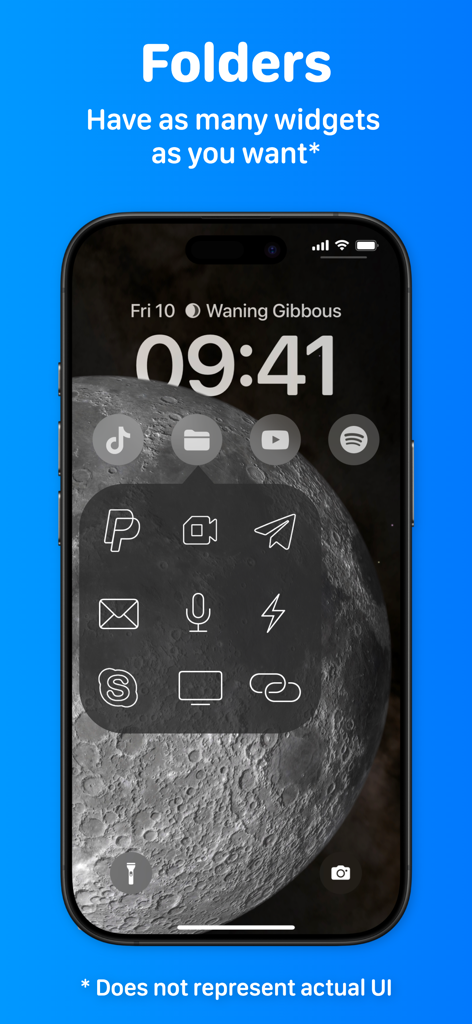 Lock Launcher Widgets LockFlow - iPhone lock screen showing a widget folder with multiple app shortcut icons