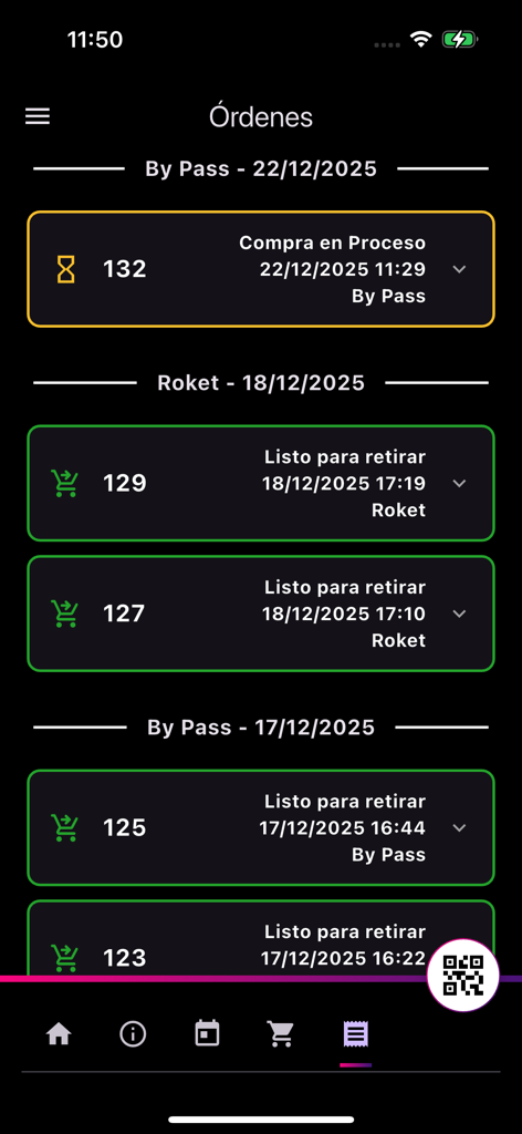 Tela do aplicativo Efesur Passageiros mostrando o histórico de pedidos de bebidas e o status de retirada para boates em Bariloche
