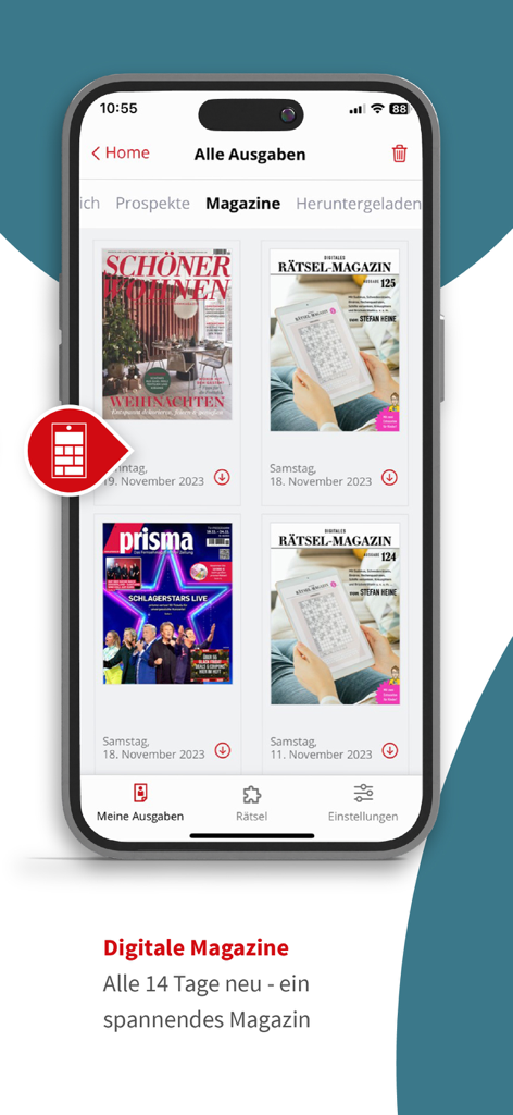 NW ePaper - NW ePaper App Bildschirm zeigt digitale Zeitschriftenauswahl, einschließlich Rätsel und Lifestyle-Publikationen
