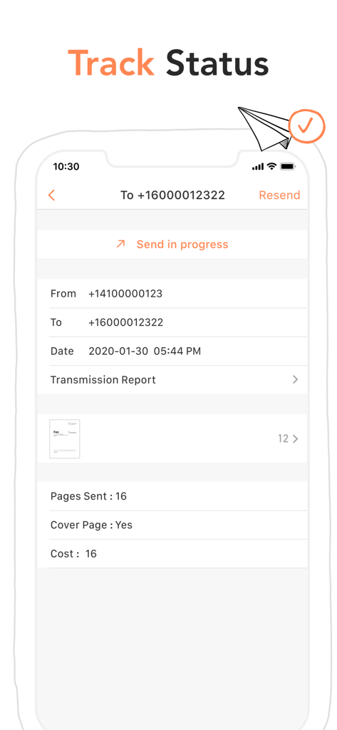 Doc Fax - Mobile Fax App - Pantalla de la aplicación Doc Fax que muestra el progreso de la transmisión en tiempo real y los detalles de entrega de un fax enviado