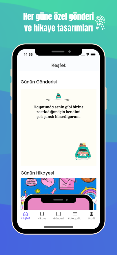 Aşk ve Sevgi Sözleri - Pantalla de descubrimiento de la aplicación Ask ve Sevgi Sozleri mostrando citas de amor turcas diarias y diseños de historias.