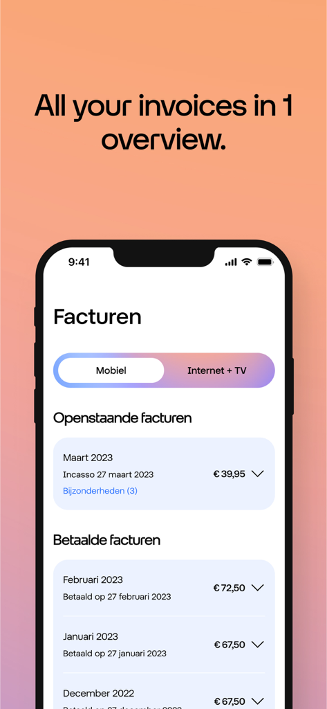 Odido app interface showing an overview of paid and outstanding invoices for mobile and internet services