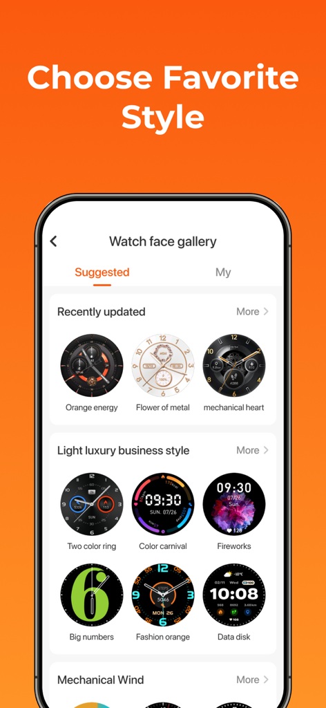 Runmefit - Runmefit app watch face gallery showing various digital and analog clock styles for customization