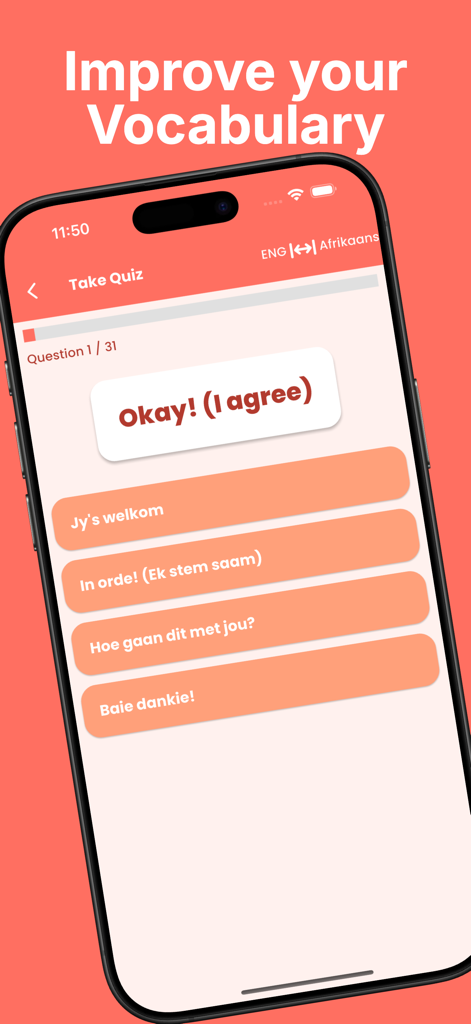 Learn Afrikaans Phrases - A screenshot of the Learn Afrikaans Phrases app showing a vocabulary quiz interface with multiple choice translation options.
