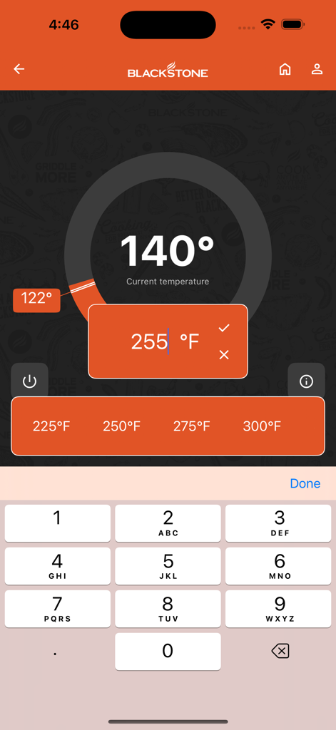 Interface of the Blackstone Connect app showing the current grill temperature and a keypad to set a new target temperature.