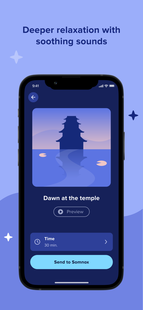 Somnox: Breathe, Relax, Sleep - Somnox app interface showing the soothing sounds feature for relaxation with a temple theme