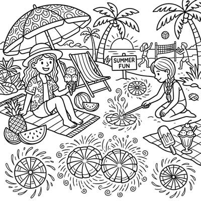 Get ready for an unforgettable summer coloring adventure with ground spinner fireworks lighting up a vibrant beach scene. This playful illustration captures the joy of sunny days, complete with refreshing treats and outdoor games.