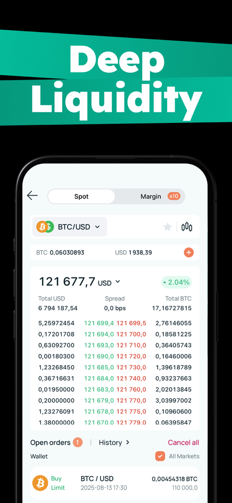 Pantalla de trading de la aplicación móvil CEX.IO que muestra el par BTC/USD con el libro de órdenes y datos de liquidez