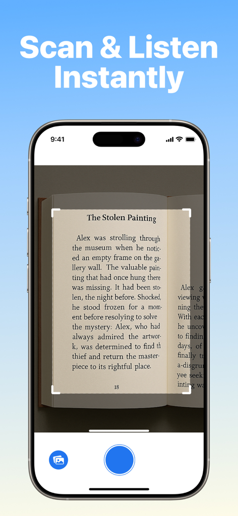 Smartphone-Bildschirm zeigt die ListenMe-App, die eine Buchseite scannt, um geschriebenen Text sofort in Audio umzuwandeln