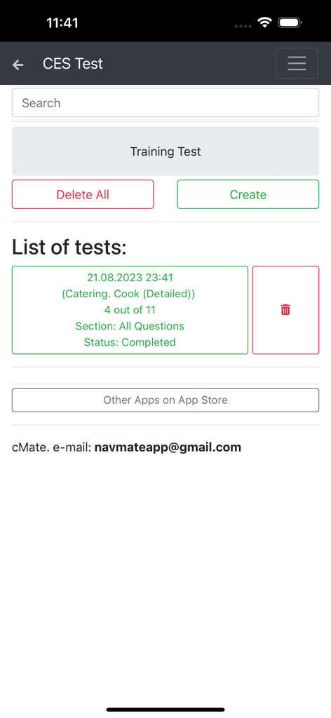 Catering. Cook Detailed CES - Ein mobiler App-Bildschirm, der eine Liste maritimer Catering-Tests mit Optionen zum Erstellen neuer Trainingstests und zum Suchen vorhandener Tests anzeigt.