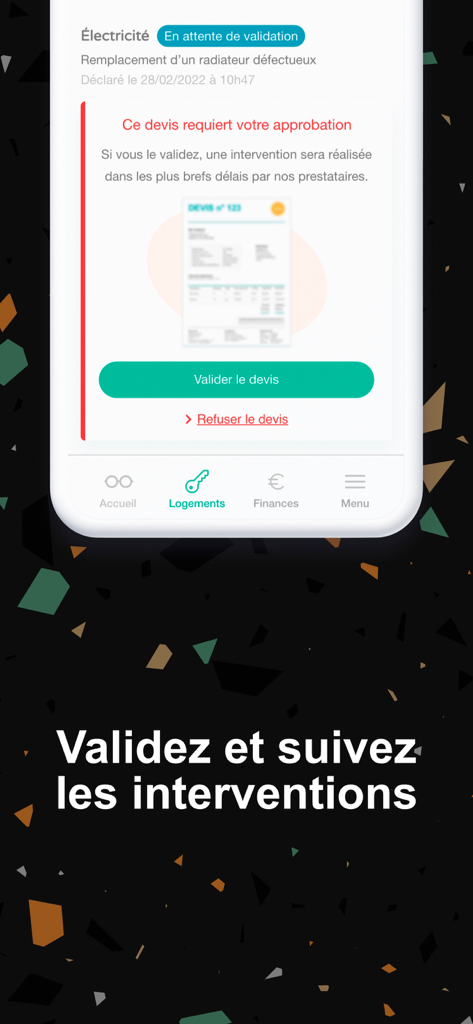 Interface de l'application Manda pour valider et suivre les interventions de maintenance de propriété et les devis de réparation