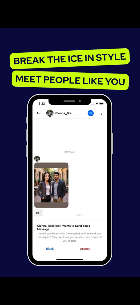 Nexiun: Dating App & Friends - Interfaz de chat de la aplicación Nexiun mostrando una solicitud de mensaje con una imagen IA generada de una pareja para romper el hielo.