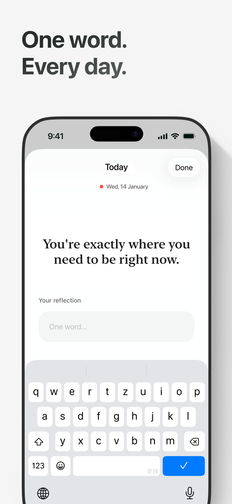 Still — Daily Sentence - Interfaz minimalista de la aplicación móvil Still que muestra una frase de reflexión diaria y un campo de entrada de una palabra