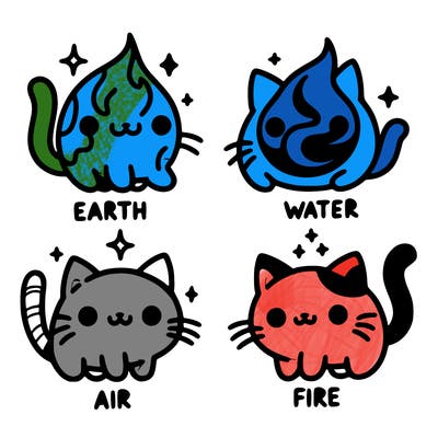 4 cats that represent the different elements, earth, water, air, and fire