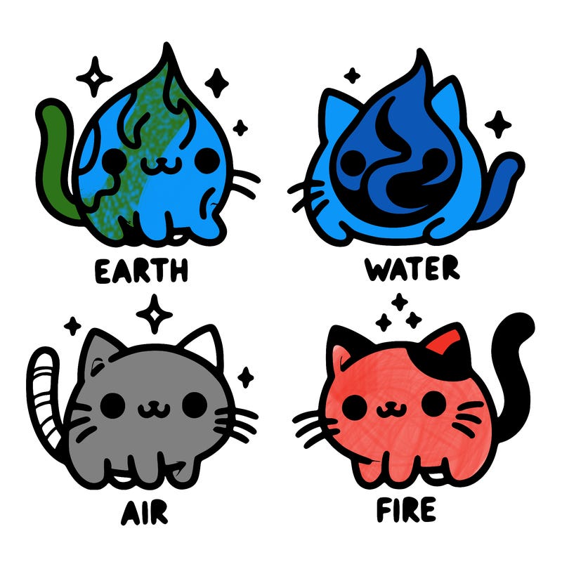 4 cats that represent the different elements, earth, water, air, and fire