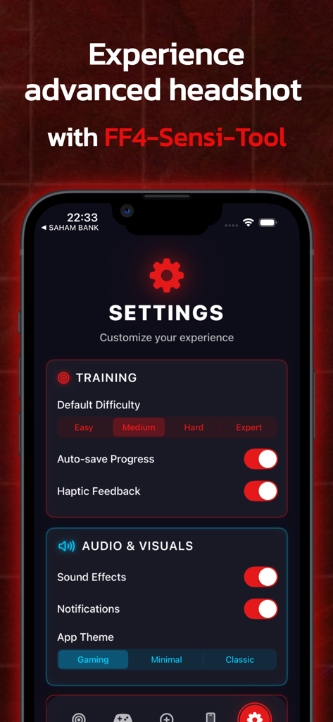 Settings screen of the Game Booster Headshot Tool app showing training difficulty levels and visual customization options.