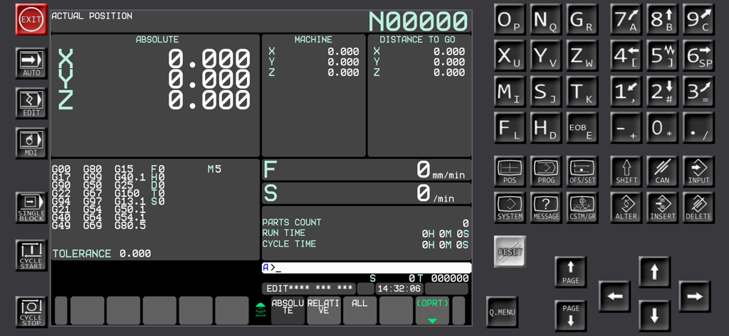 Fanuc CNC Simulator - Digital control panel interface of the Fanuc CNC Simulator showing machine coordinates and a full numeric keypad.