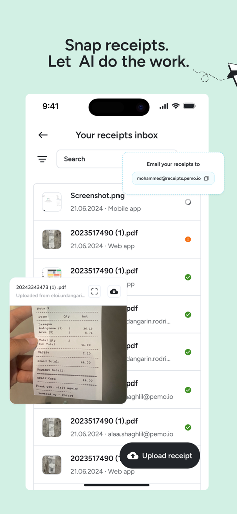 Pemo mobile app interface showing the receipt inbox with AI scanning and automated expense tracking features