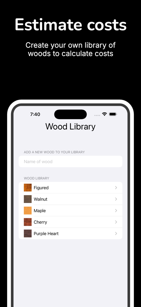 Cutting Board Calculator - Wood library interface in the Cutting Board Calculator app showing list of wood species like Walnut and Cherry