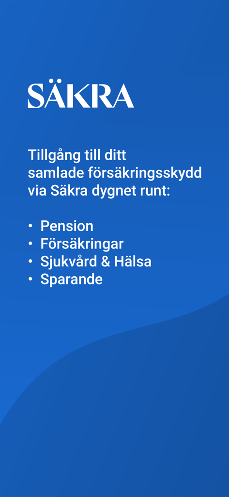 Säkra Total - Sakra Total app welcome screen listing services for pension, insurance, health, and savings.