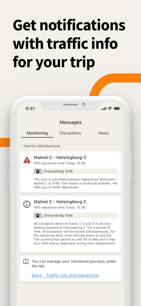 Skånetrafiken - Skånetrafiken app interface showing traffic notifications and trip monitoring alerts.