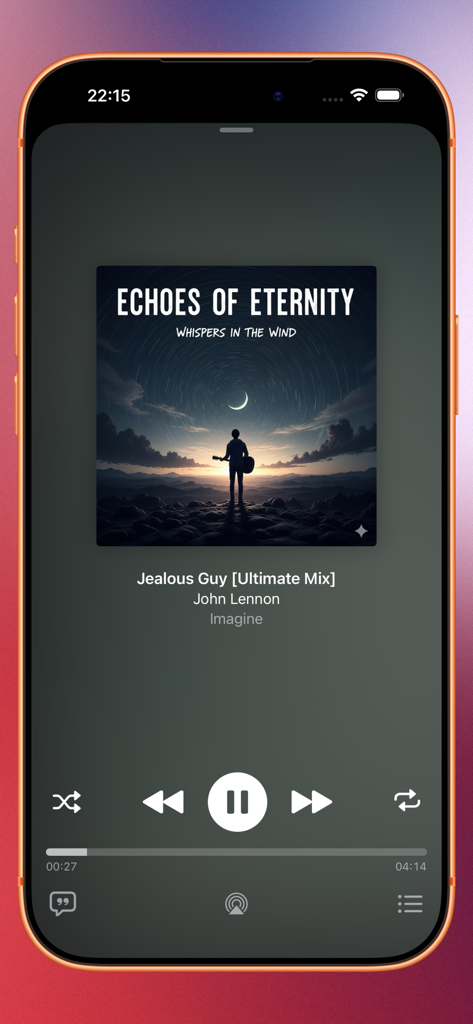 Pantalla de reproducción de Finer Player en iOS mostrando controles de reproducción de música y arte del álbum