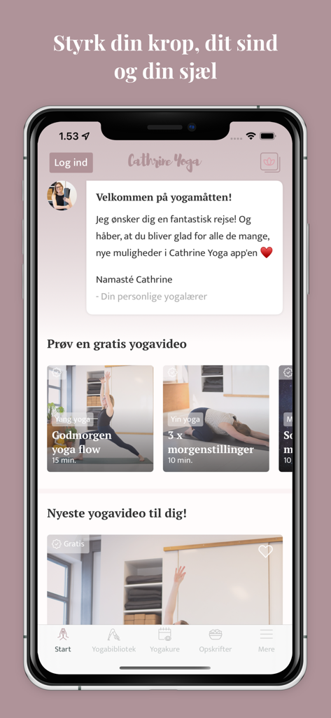 Cathrine Yoga - Home screen of the Cathrine Yoga app displaying yoga videos and wellness categories