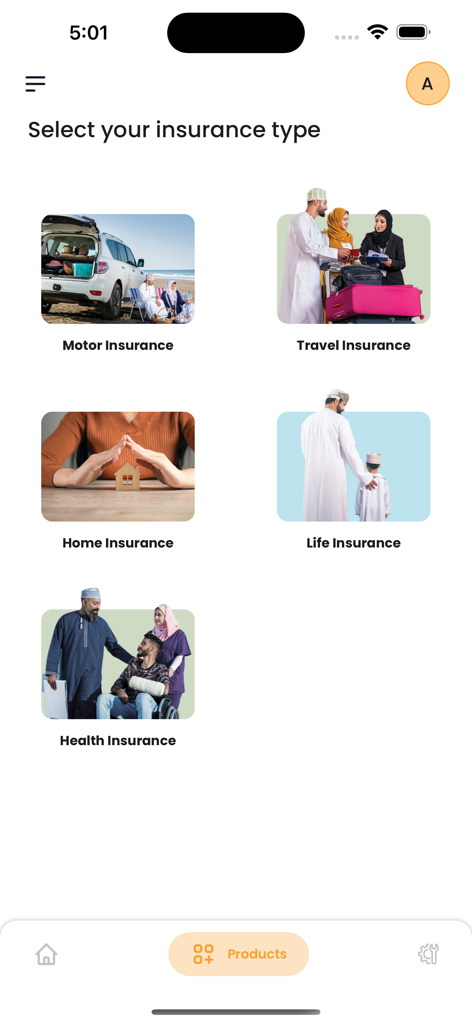 Dhofar Insurance - Dhofar Insurance app screen showing various policy options including motor travel home life and health insurance