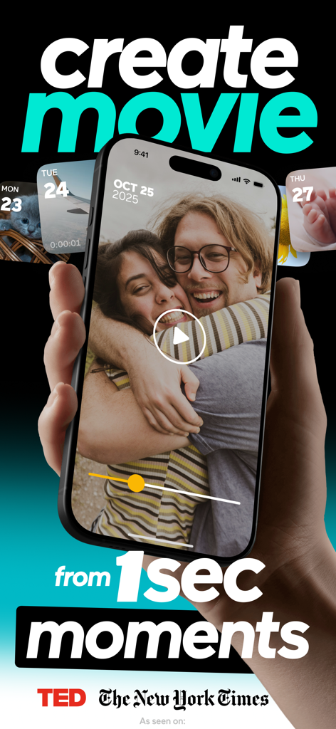 1 Second Everyday: Video Diary - Una mano sosteniendo un smartphone que muestra la interfaz de la aplicación 1 Second Everyday con un video de una pareja feliz y el texto crea una película con momentos de 1 segundo.