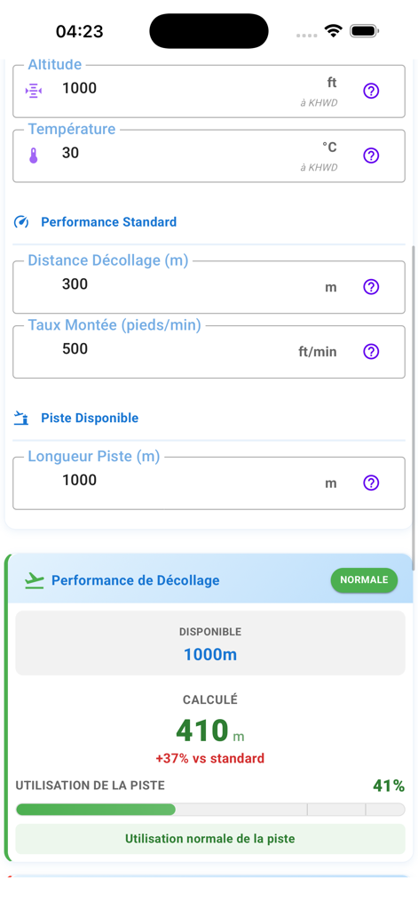 Aircraft Perf Calculator mobile app interface showing real-time takeoff performance calculations including altitude, temperature, and runway usage with a green status indicator.