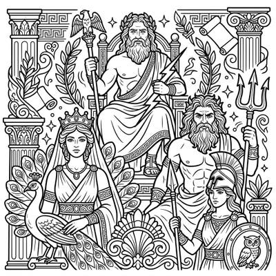 Embark on a captivating journey to ancient Rome with this intricate coloring page featuring the mighty Roman Gods and Goddesses. Bring to life the powerful figures of Jupiter, Juno, Neptune, and Minerva with your favorite colors.