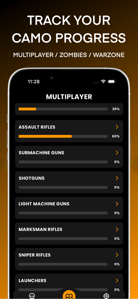 BO7 Camo Tracker - Una pantalla de aplicación móvil que muestra barras de progreso de categorías de armas para el modo multijugador en la aplicación BO7 Camo Tracker