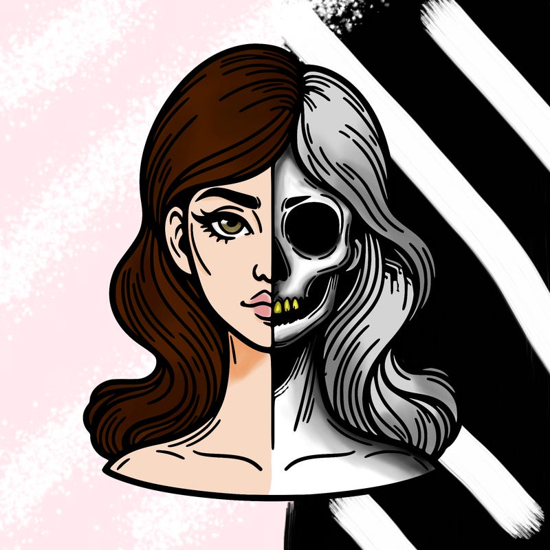 bust of a woman, half face and hair, half skull