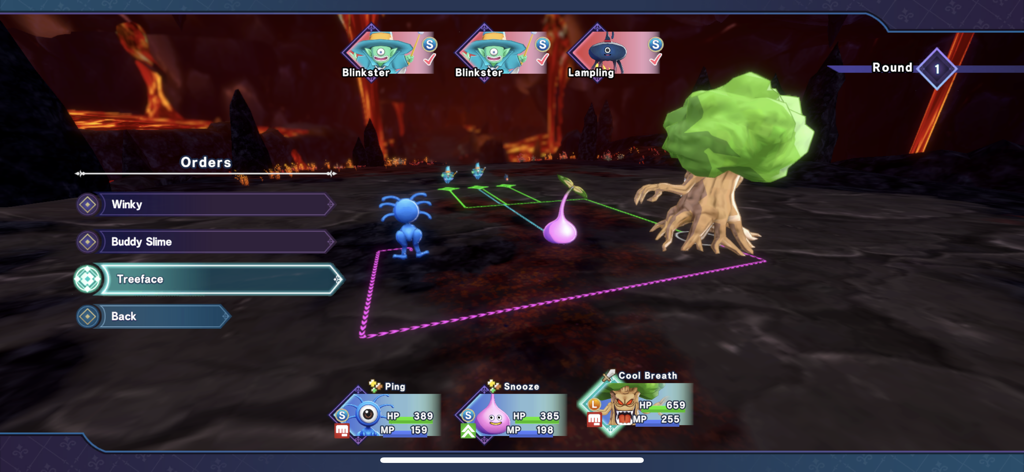 DQM: The Dark Prince - Una battaglia a turni in Dragon Quest Monsters The Dark Prince che mostra una squadra di mostri e il menu dei comandi.