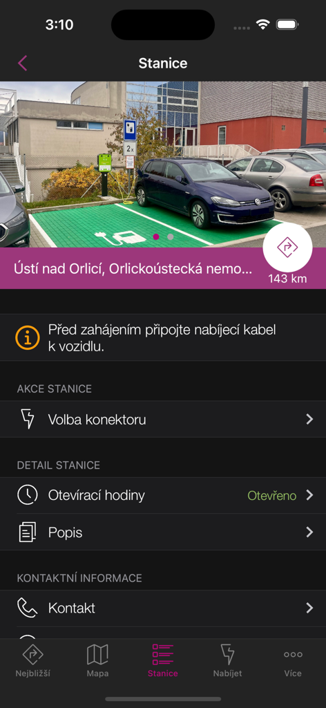Mobile app screen showing electric vehicle charging station details including location photos and status information