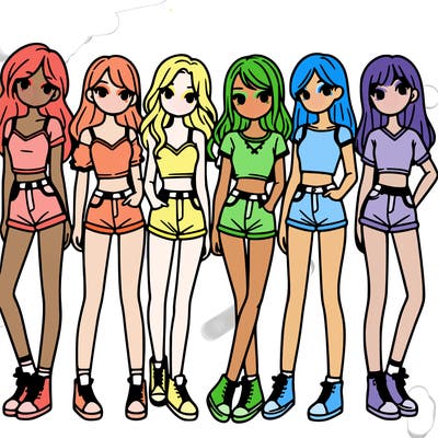 a group of girls wearing crop tops and shorts