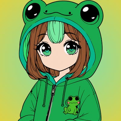cute realistic girl in a froggy hoodie