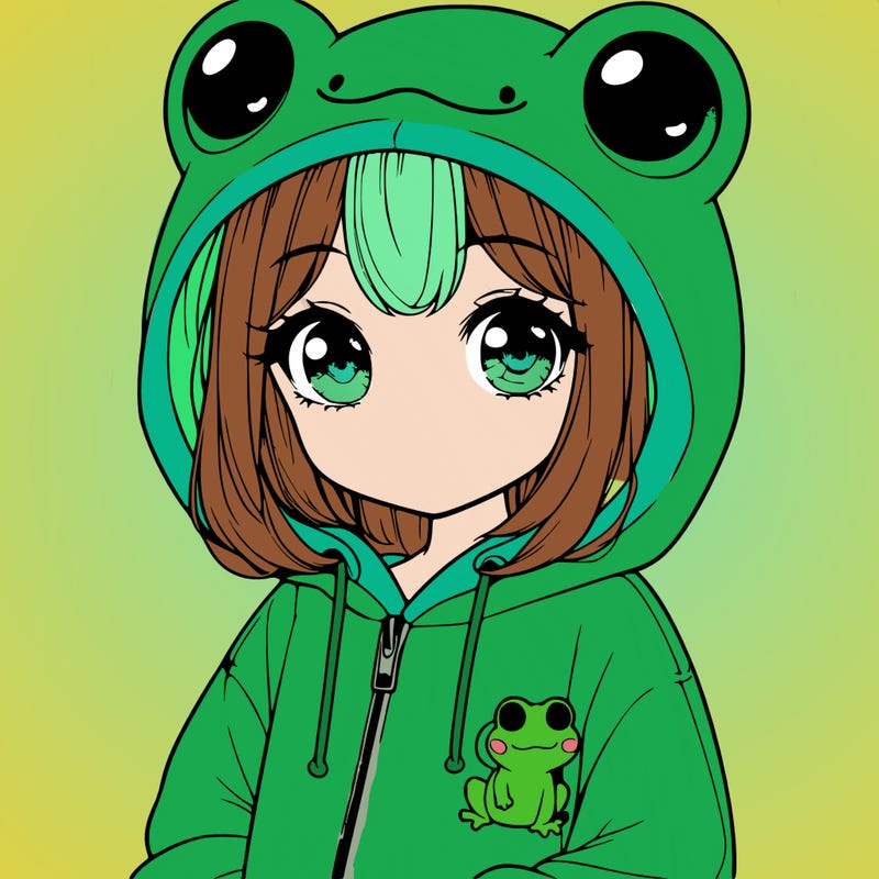 cute realistic girl in a froggy hoodie