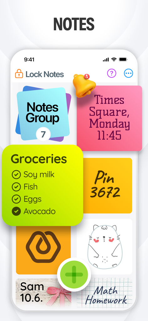 Sticky Notes & Color Widget - Interface of a sticky notes app displaying colorful digital memos and a grocery checklist