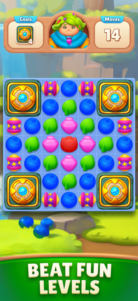 My Lovely Planet Puzzle Match3 - Match-3 puzzle grid with colorful nature-themed icons and the Mama Nature character at the top.