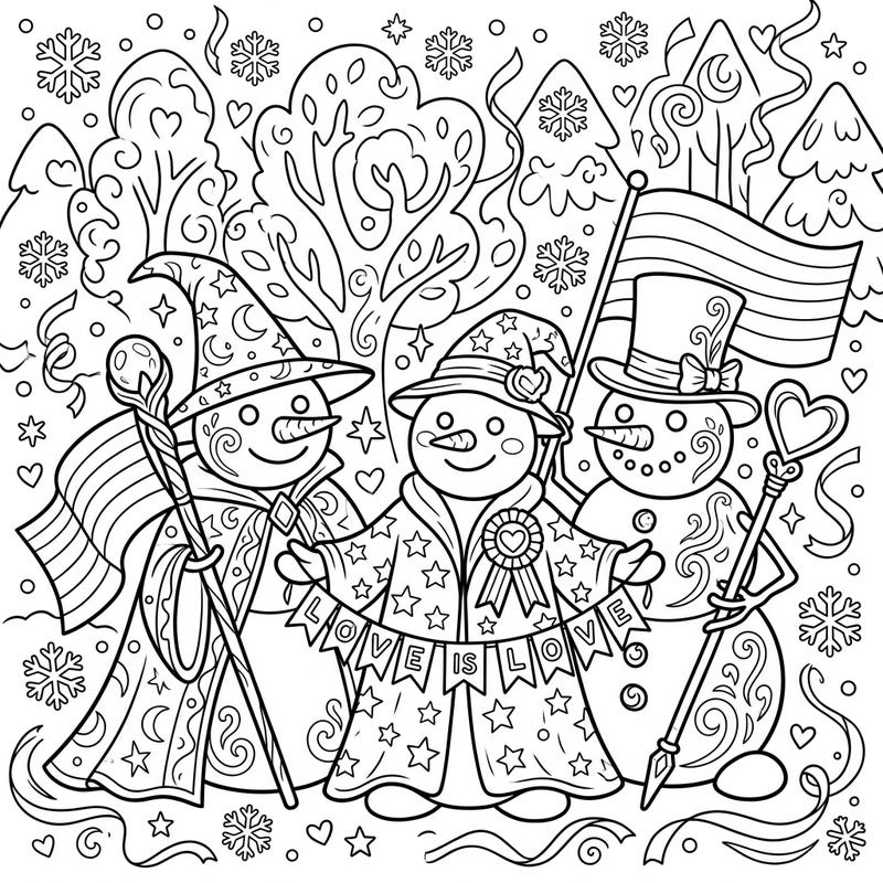 Join these enchanting fantasy snowmen as they celebrate Pride Month with banners and flags. This delightful coloring page captures the spirit of love and diversity in a whimsical winter wonderland.