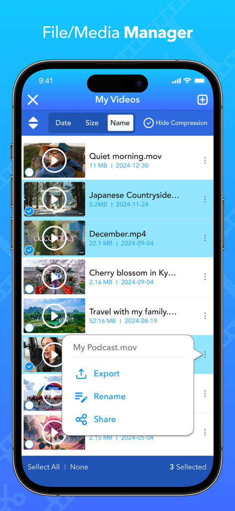Video Compress - Shrink Resize - Interface of the Video Compress app media manager showing a list of saved videos and file options