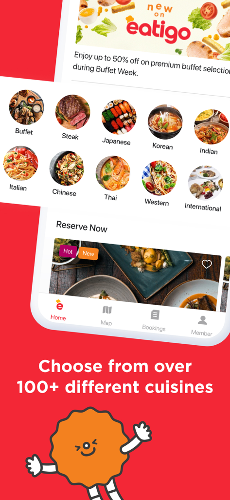 Eatigo mobile app interface showing various food cuisine categories and a 50 percent discount offer for restaurant reservations