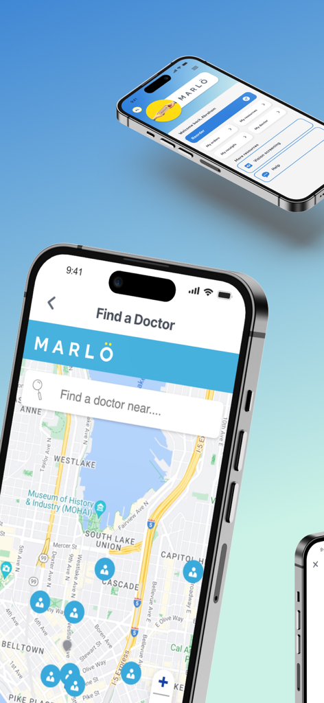 MARLÖ - Interface of the MARLÖ app showing a map to find an eye doctor and a dashboard for ordering contact lenses.