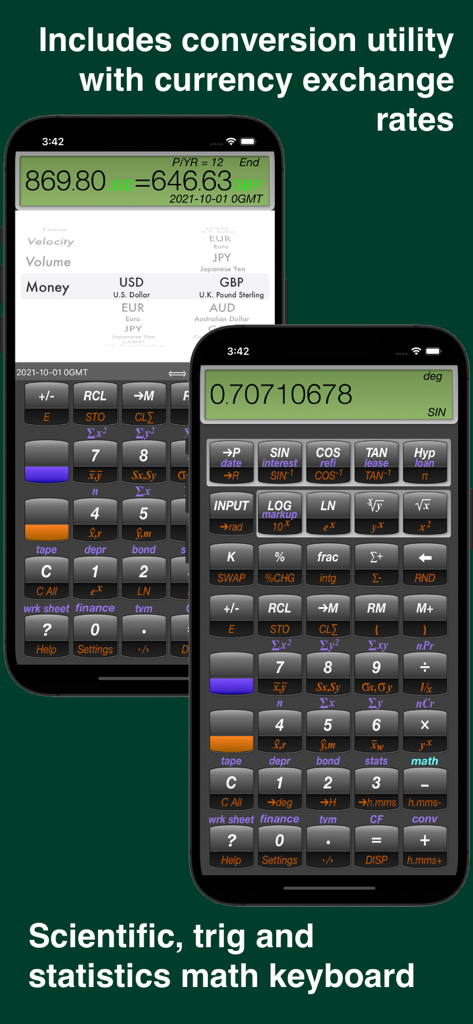10BII Calc HD - 10BII Calc HD mobile app showing currency conversion rates and a professional scientific math keyboard