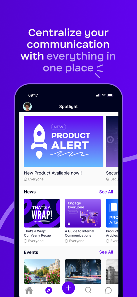 Workvivo - Smartphone screen displaying the Workvivo app with sections for company news events and product alerts