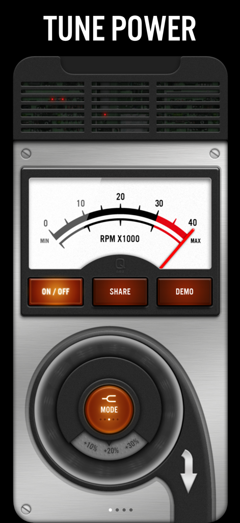 Blower - Blower app interface showing the tune power screen with an RPM gauge and mode controls