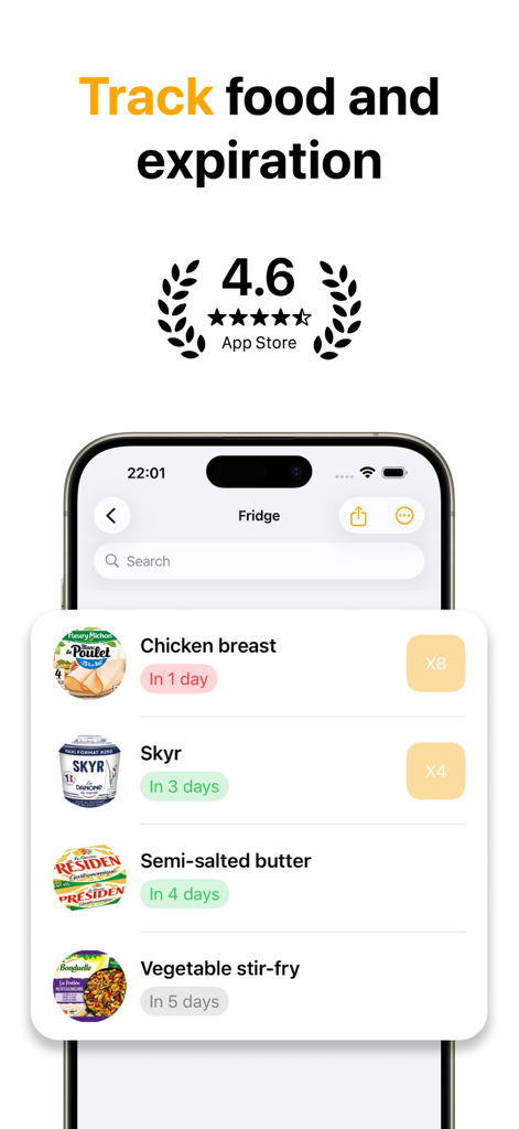FridgeBuddy app interface tracking food inventory and expiration